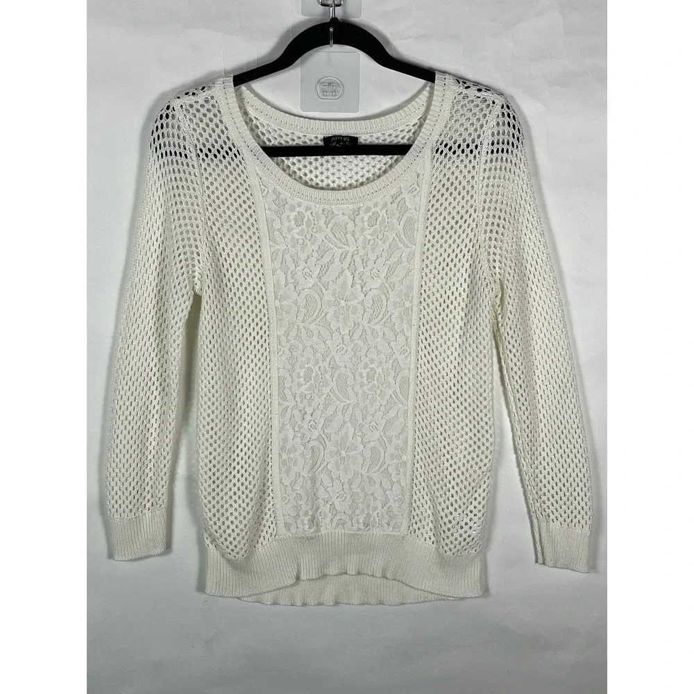 Apt 9 Open Knit Crochet Lace Detail Pullover Soft Light-Weight Sweater Ivory Med